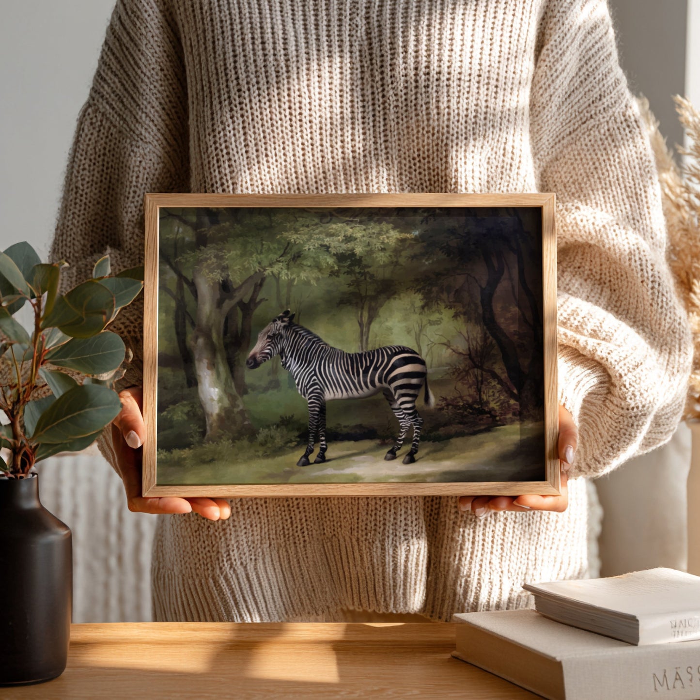 Vintage "Zebra" drawing by George Stubbs, a realistic animal art print in a woodland setting.