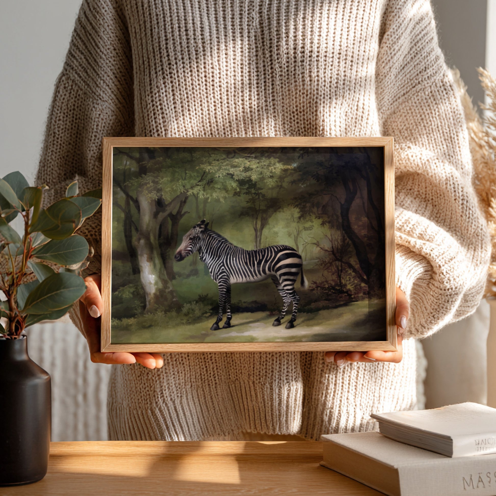 Vintage "Zebra" drawing by George Stubbs, a realistic animal art print in a woodland setting.
