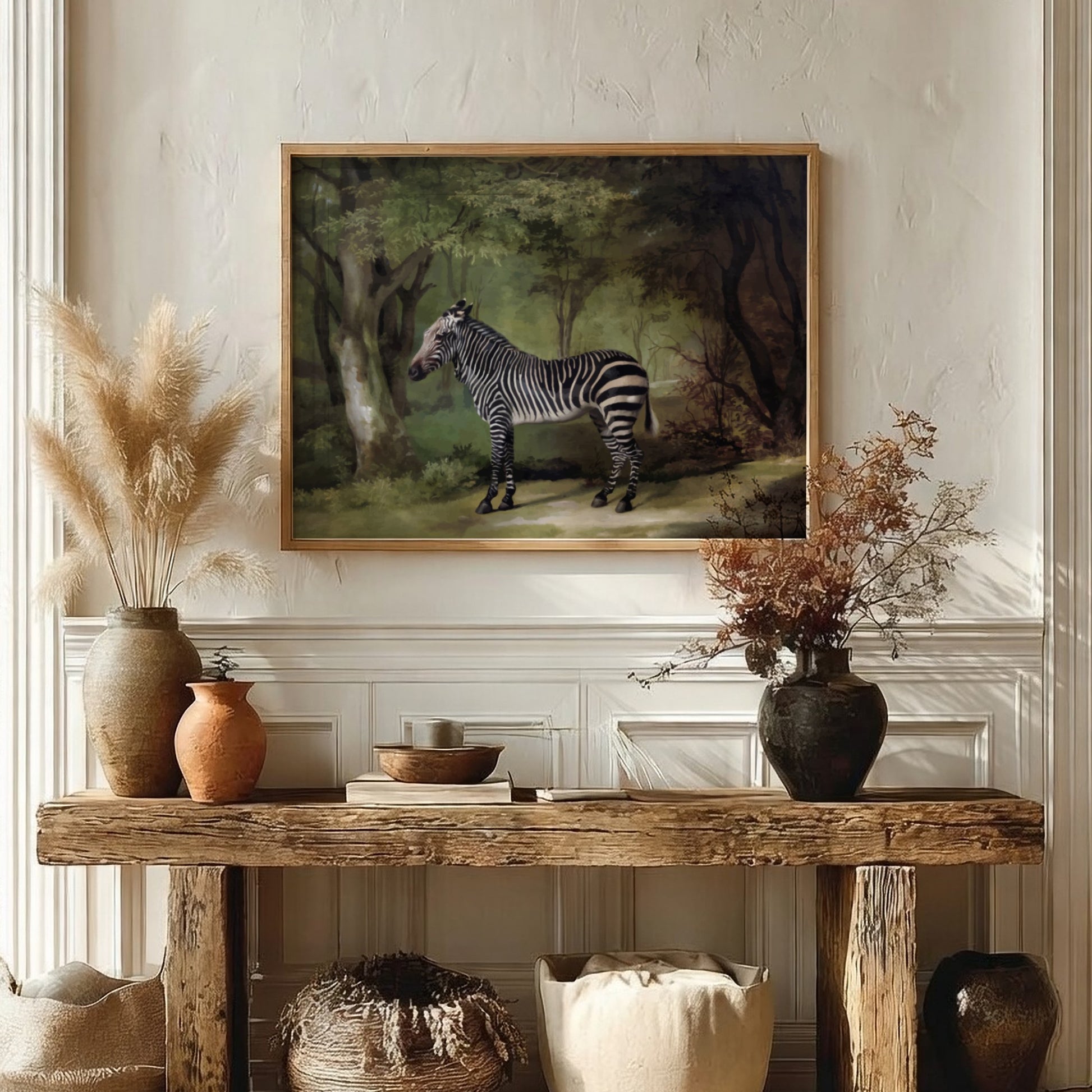Vintage "Zebra" drawing by George Stubbs, a realistic animal art print in a woodland setting.