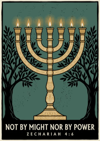 Poster featuring a golden menorah flanked by olive branches on a teal background.