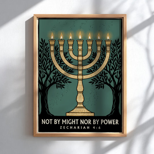 Poster featuring a golden menorah flanked by olive branches on a teal background.
