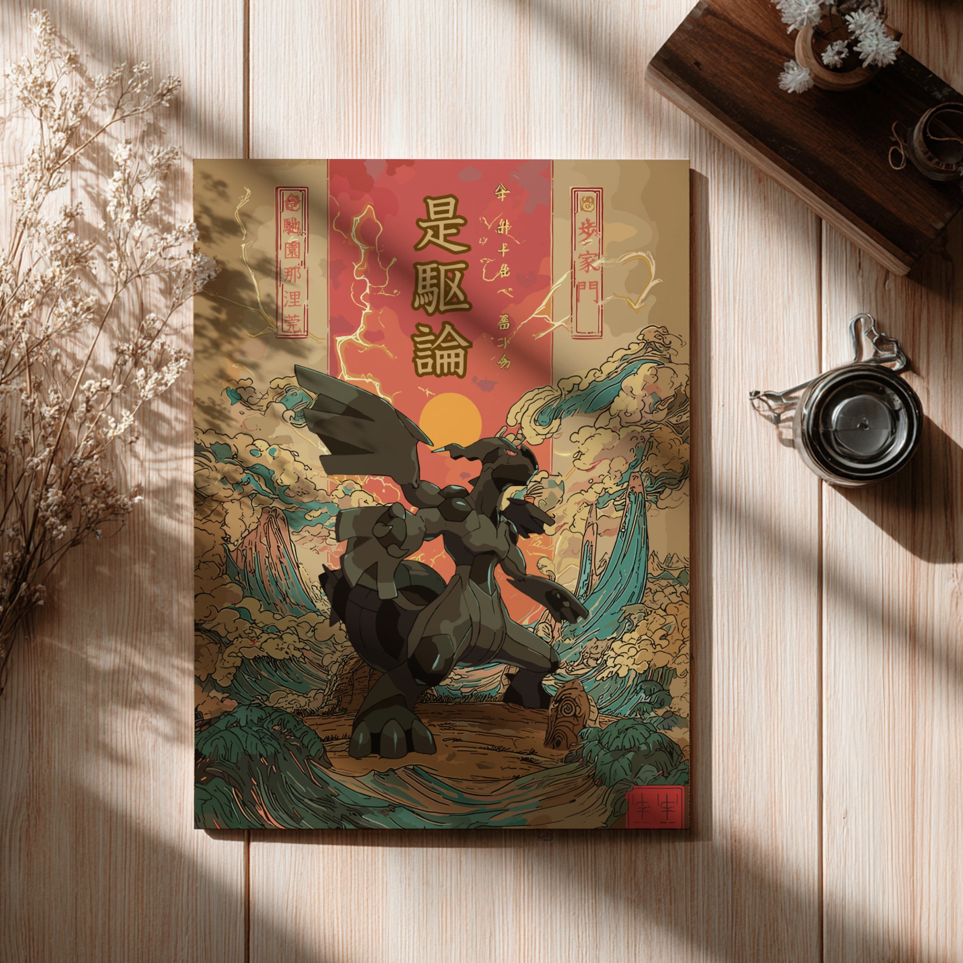 Decorative poster with a Zekrom Pokemon design on a wooden surface