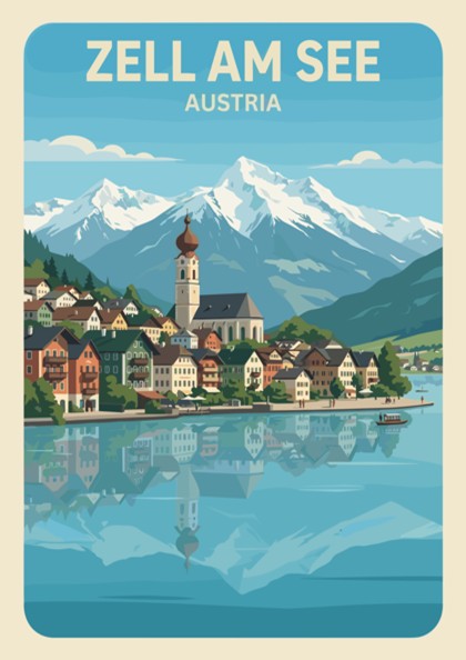 Zell Am See Austria poster featuring a lakeside village with snowy mountain peaks above.