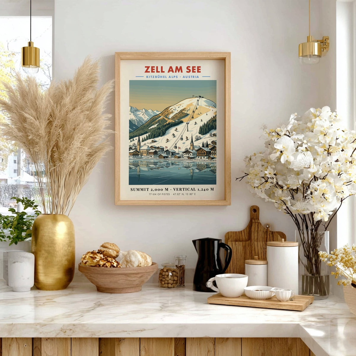 Poster of Zell Am See featuring snowy Austrian Alps, ski lifts, and village lake.