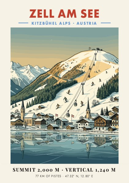 Poster of Zell Am See featuring snowy Austrian Alps, ski lifts, and village lake.