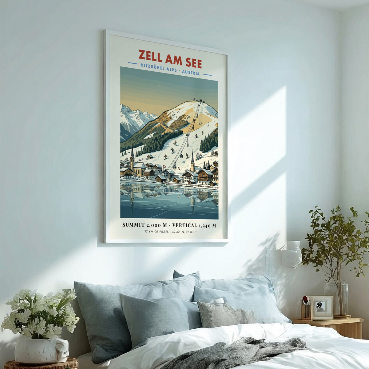 Poster of Zell Am See featuring snowy Austrian Alps, ski lifts, and village lake.