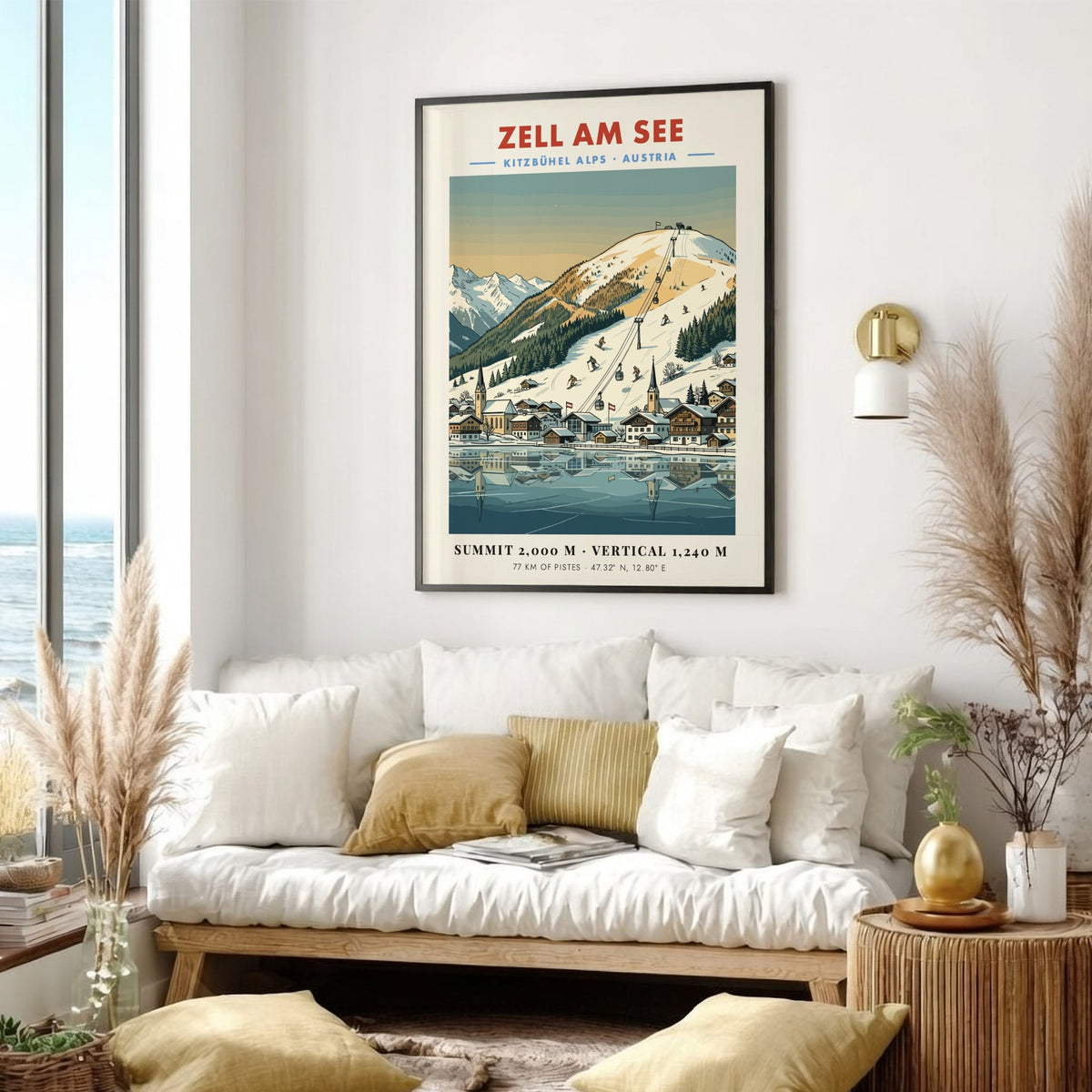 Poster of Zell Am See featuring snowy Austrian Alps, ski lifts, and village lake.