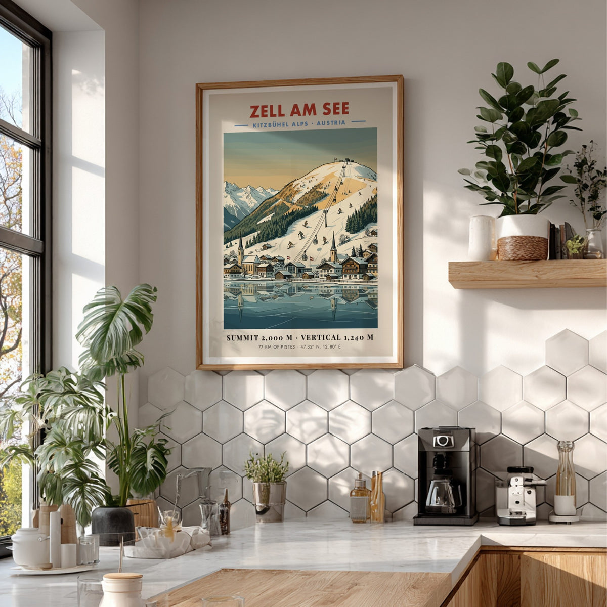 Poster of Zell Am See featuring snowy Austrian Alps, ski lifts, and village lake.