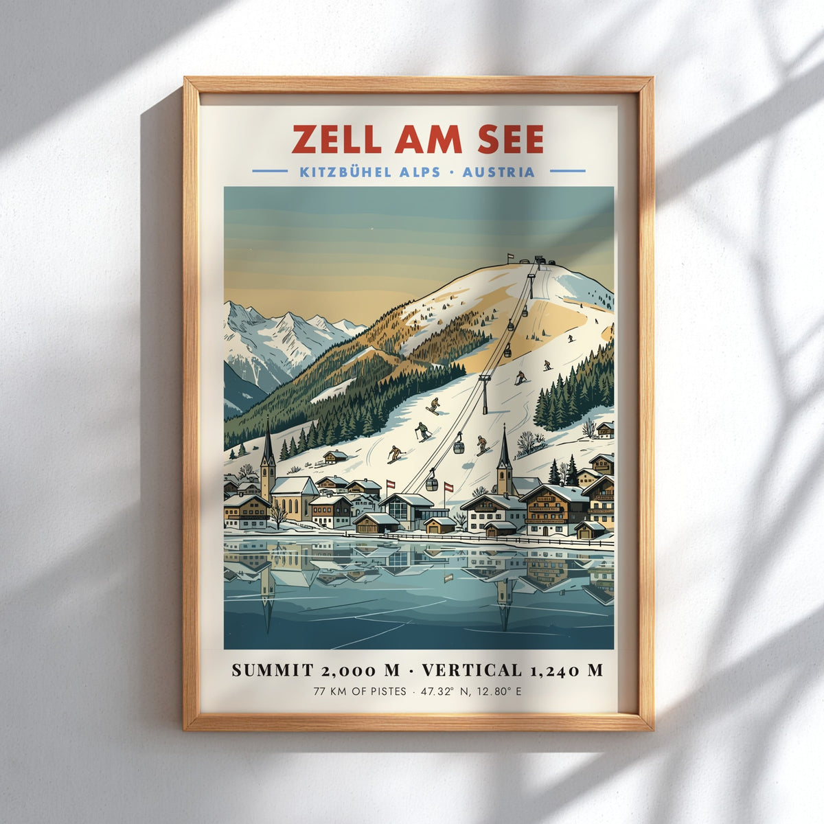 Poster of Zell Am See featuring snowy Austrian Alps, ski lifts, and village lake.