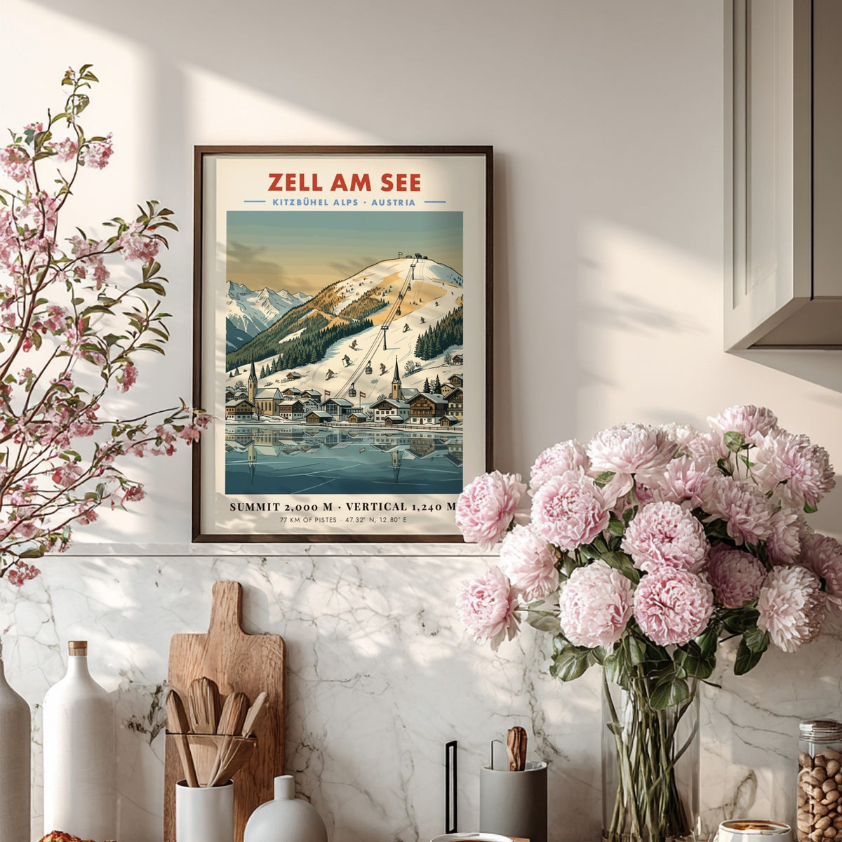 Poster of Zell Am See featuring snowy Austrian Alps, ski lifts, and village lake.