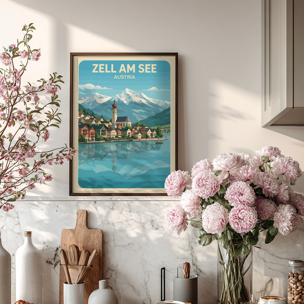 Zell Am See Austria poster featuring a lakeside village with snowy mountain peaks above.
