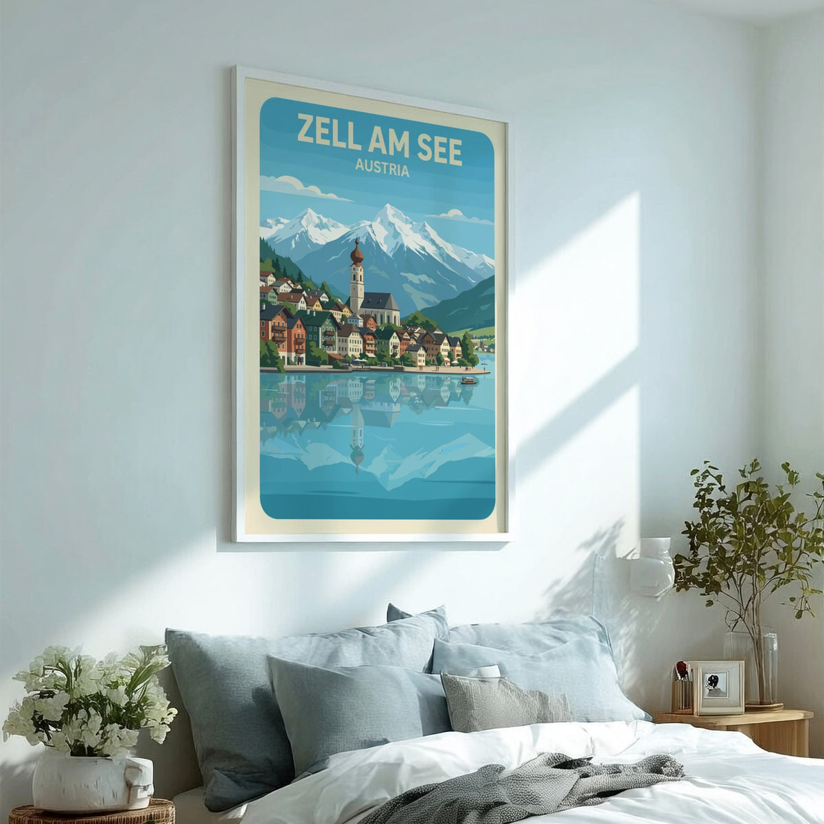 Zell Am See Austria poster featuring a lakeside village with snowy mountain peaks above.
