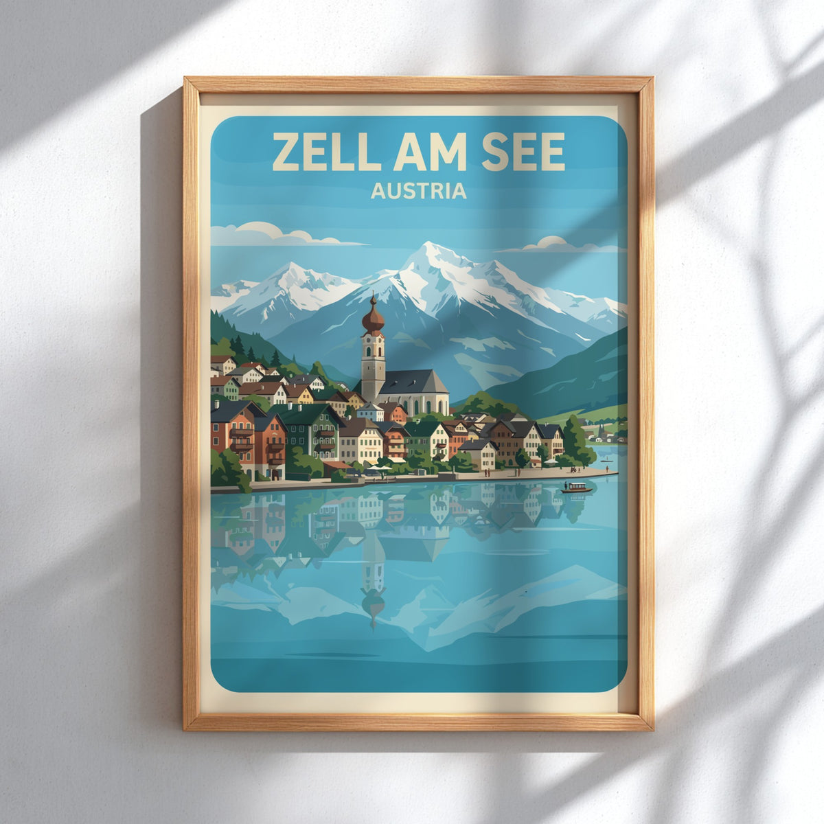 Zell Am See Austria poster featuring a lakeside village with snowy mountain peaks above.