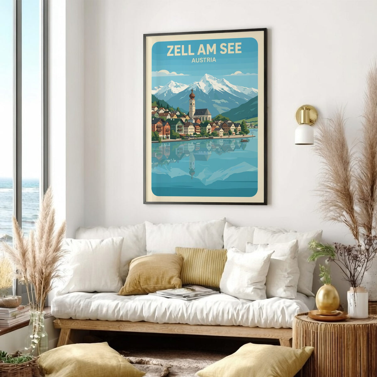 Zell Am See Austria poster featuring a lakeside village with snowy mountain peaks above.