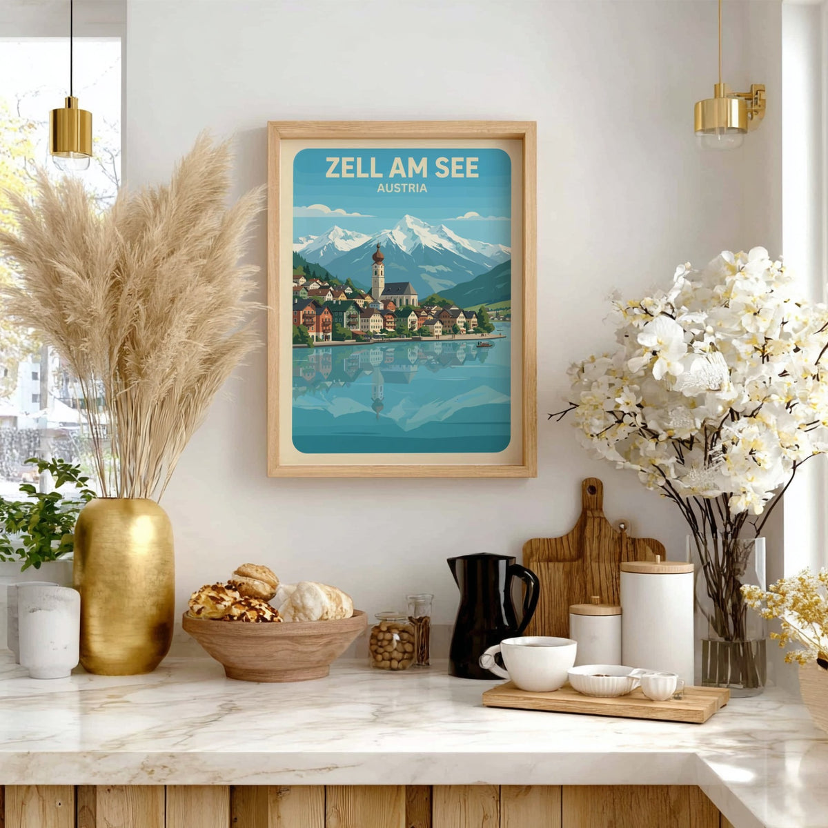 Zell Am See Austria poster featuring a lakeside village with snowy mountain peaks above.