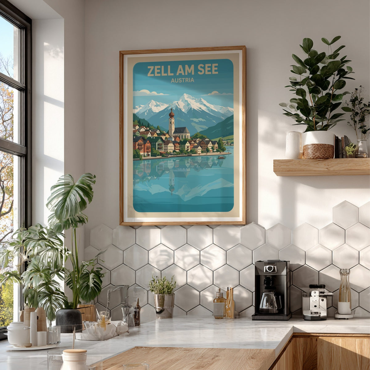 Zell Am See Austria poster featuring a lakeside village with snowy mountain peaks above.