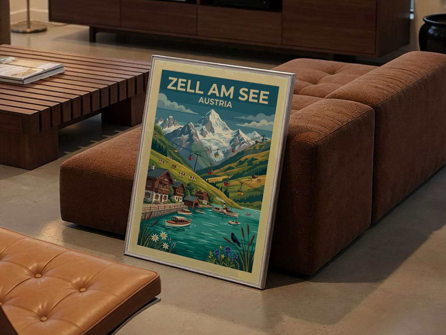 Travel poster of Zell am See Austria featuring mountain peaks lake and cable cars