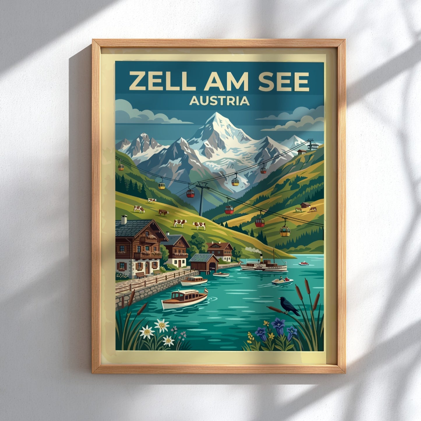 Travel poster of Zell am See Austria featuring mountain peaks lake and cable cars