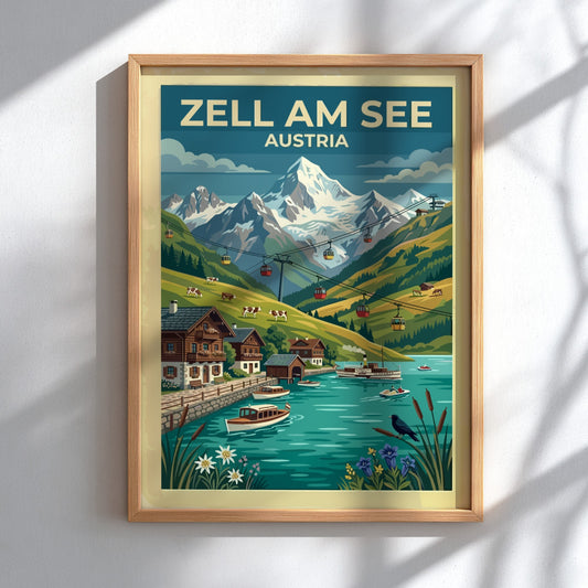 Travel poster of Zell am See Austria featuring mountain peaks lake and cable cars