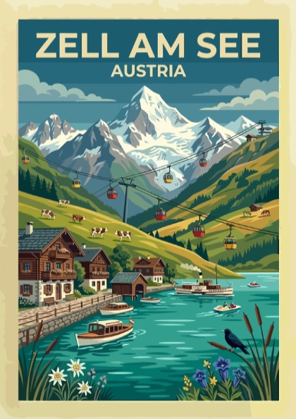 Travel poster of Zell am See Austria featuring mountain peaks lake and cable cars