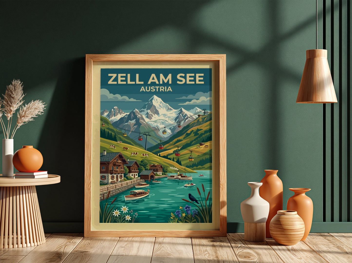Travel poster of Zell am See Austria featuring mountain peaks lake and cable cars