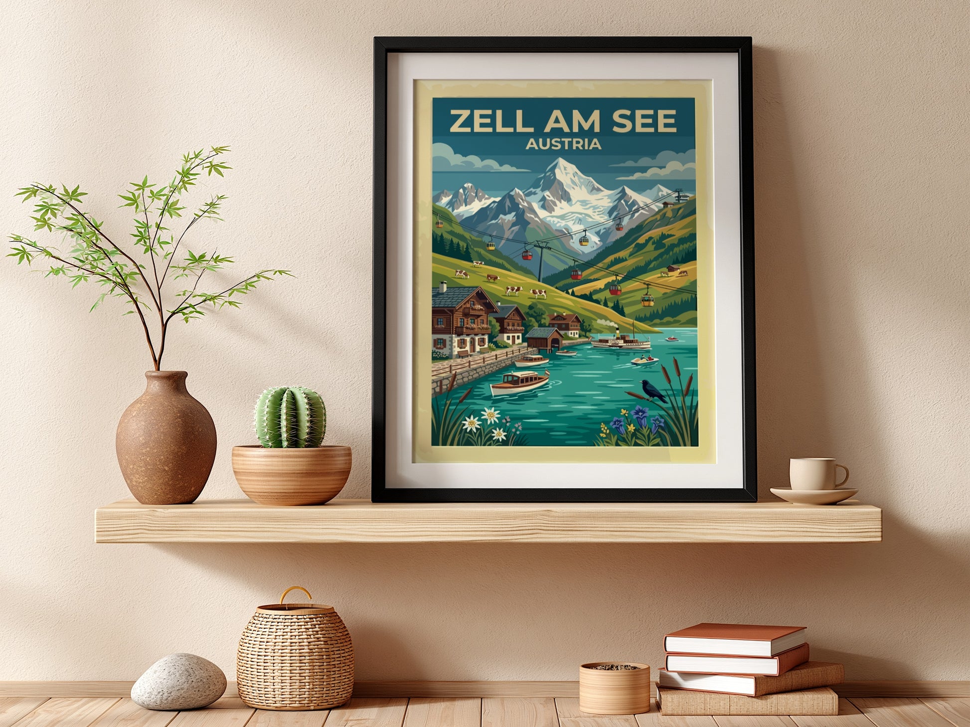 Travel poster of Zell am See Austria featuring mountain peaks lake and cable cars