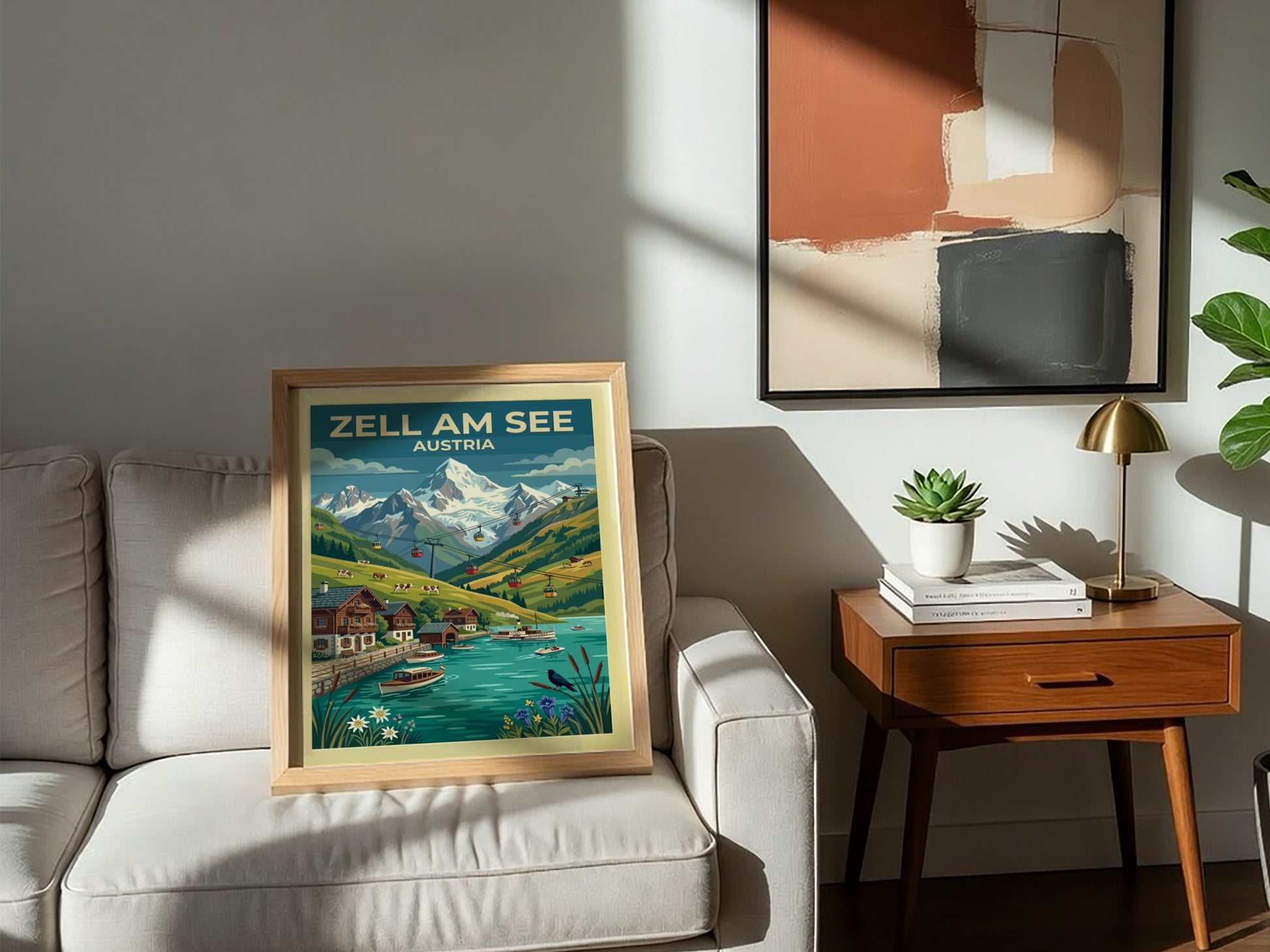 Travel poster of Zell am See Austria featuring mountain peaks lake and cable cars