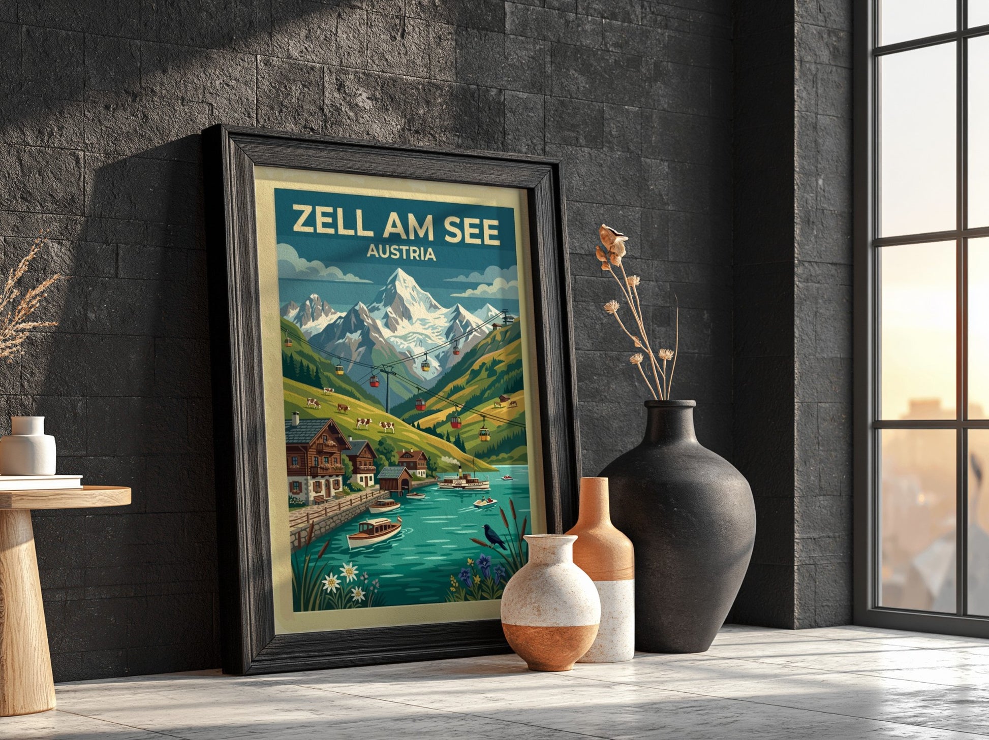 Travel poster of Zell am See Austria featuring mountain peaks lake and cable cars