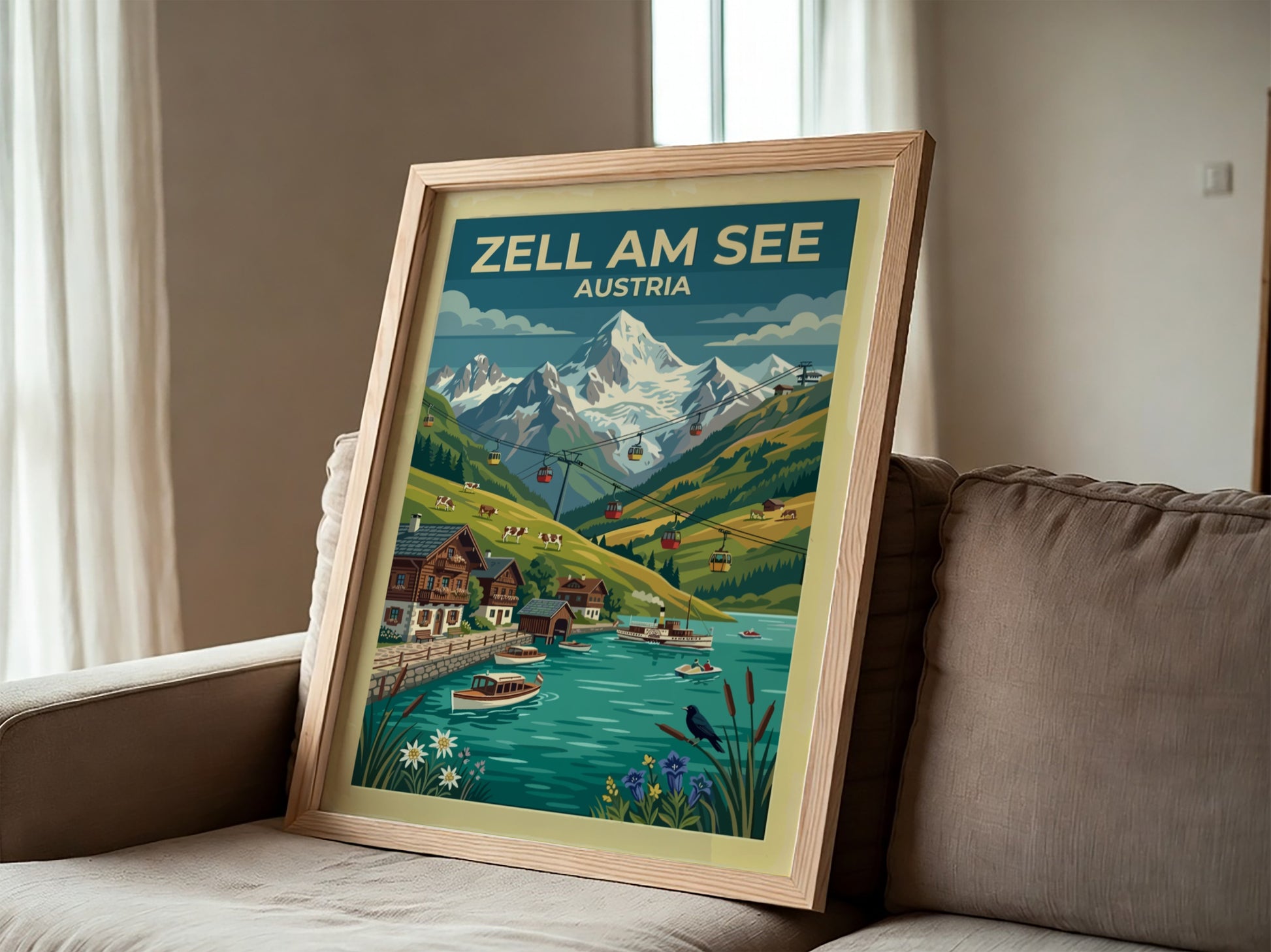 Travel poster of Zell am See Austria featuring mountain peaks lake and cable cars