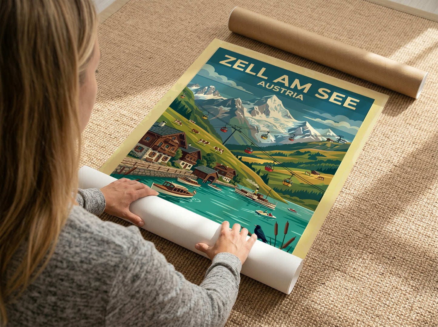 Travel poster of Zell am See Austria featuring mountain peaks lake and cable cars