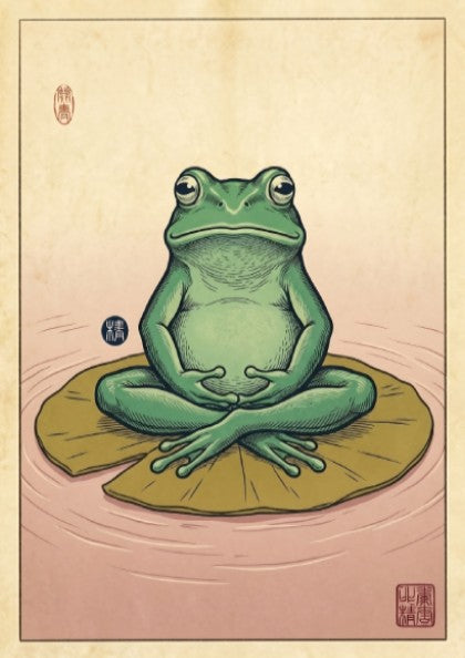 Japanese art style poster featuring a green frog meditating on a lily pad