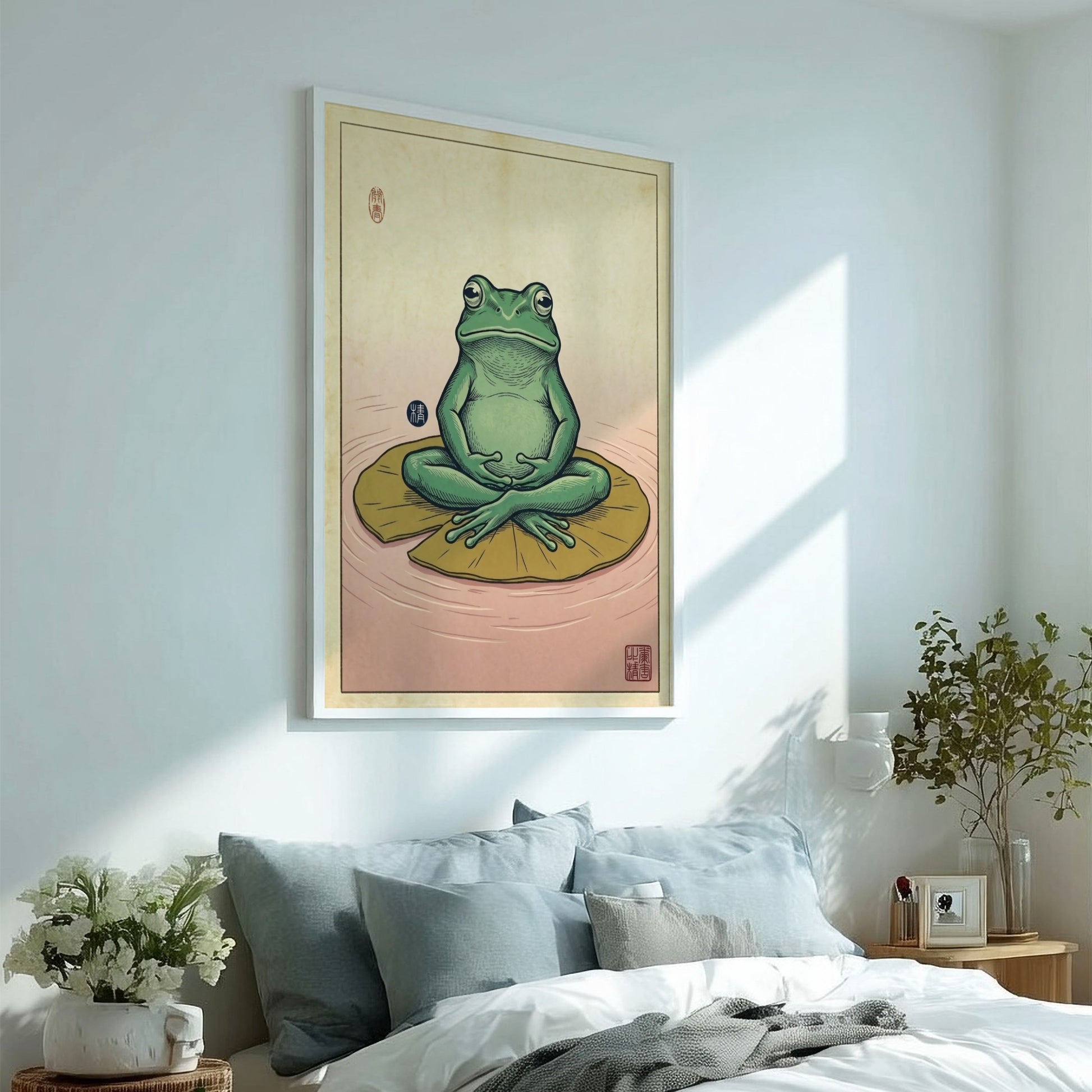 Japanese art style poster featuring a green frog meditating on a lily pad