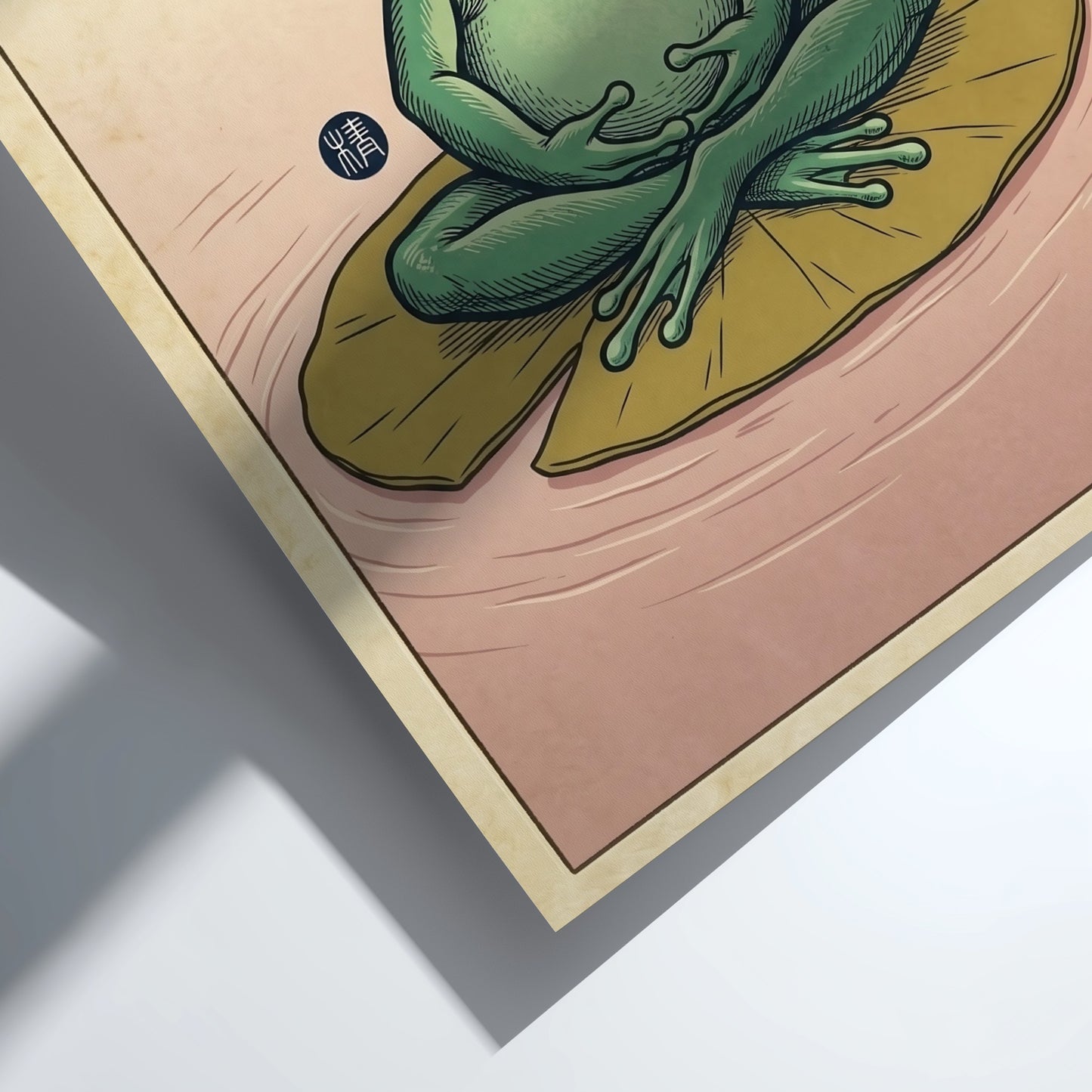 Japanese art style poster featuring a green frog meditating on a lily pad