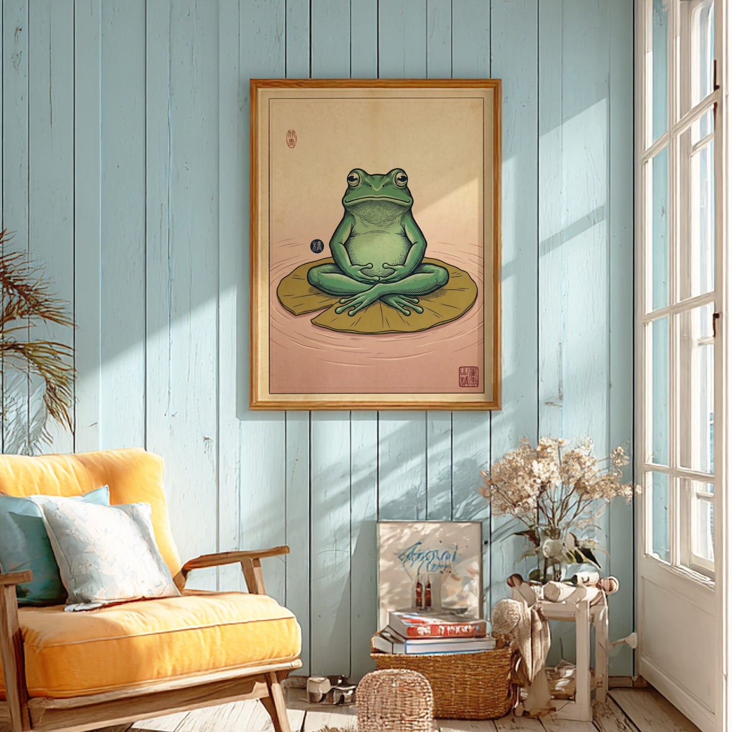 Japanese art style poster featuring a green frog meditating on a lily pad