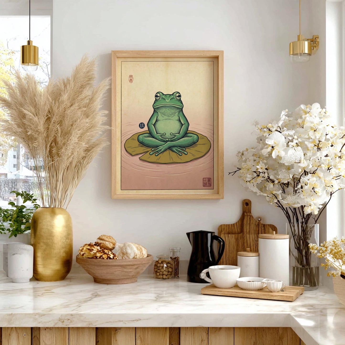 Japanese art style poster featuring a green frog meditating on a lily pad