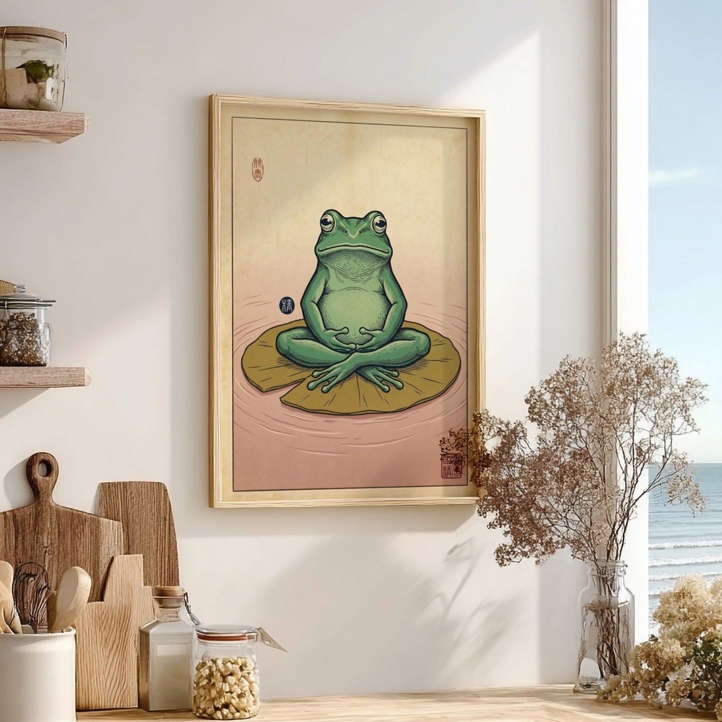 Japanese art style poster featuring a green frog meditating on a lily pad
