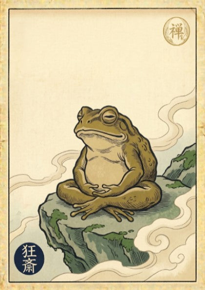 Zen Toad Meditation Poster featuring earthy tones and Japanese art style elements