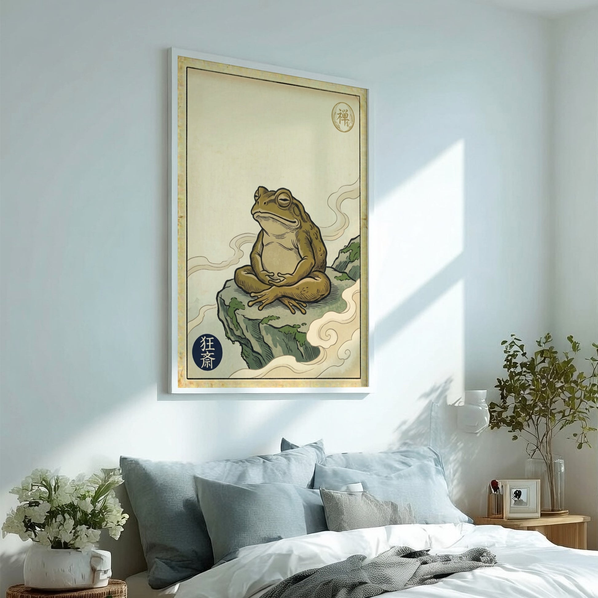 Zen Toad Meditation Poster featuring earthy tones and Japanese art style elements