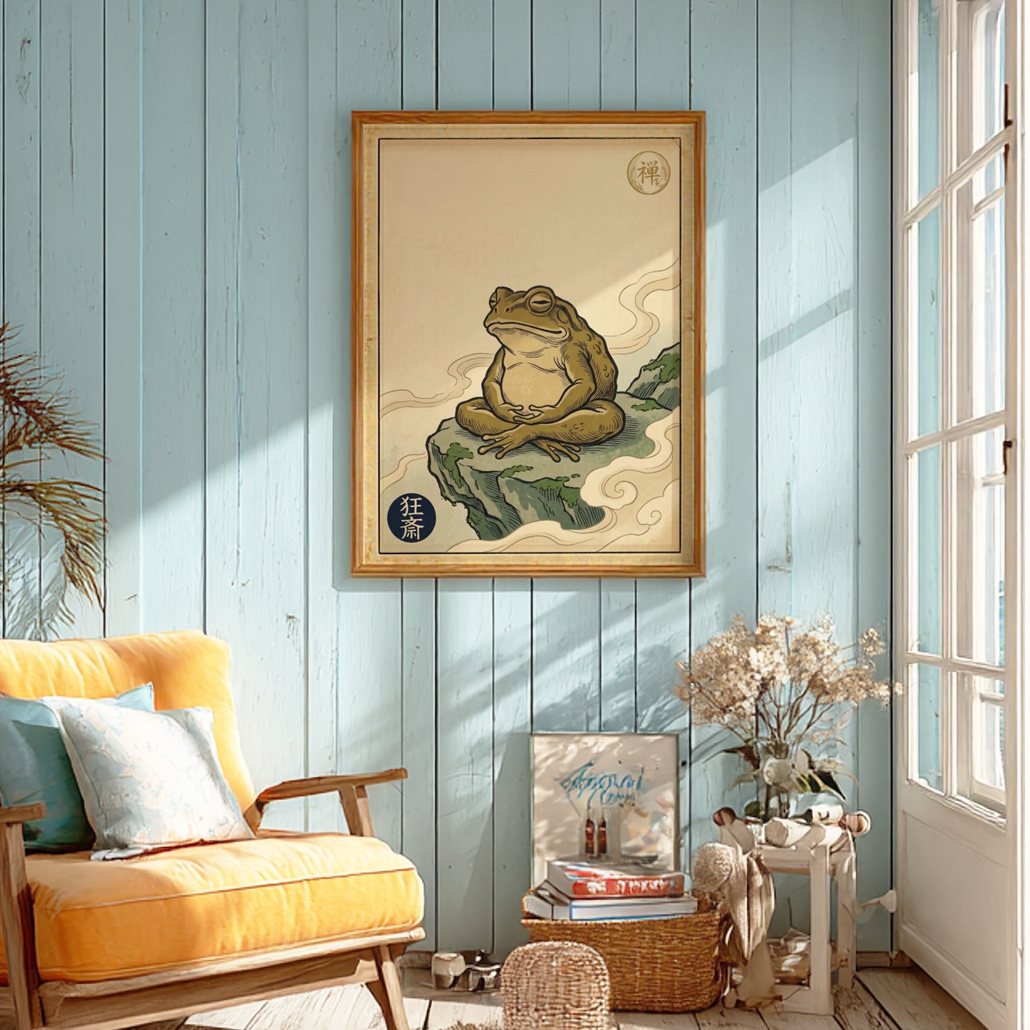 Zen Toad Meditation Poster featuring earthy tones and Japanese art style elements