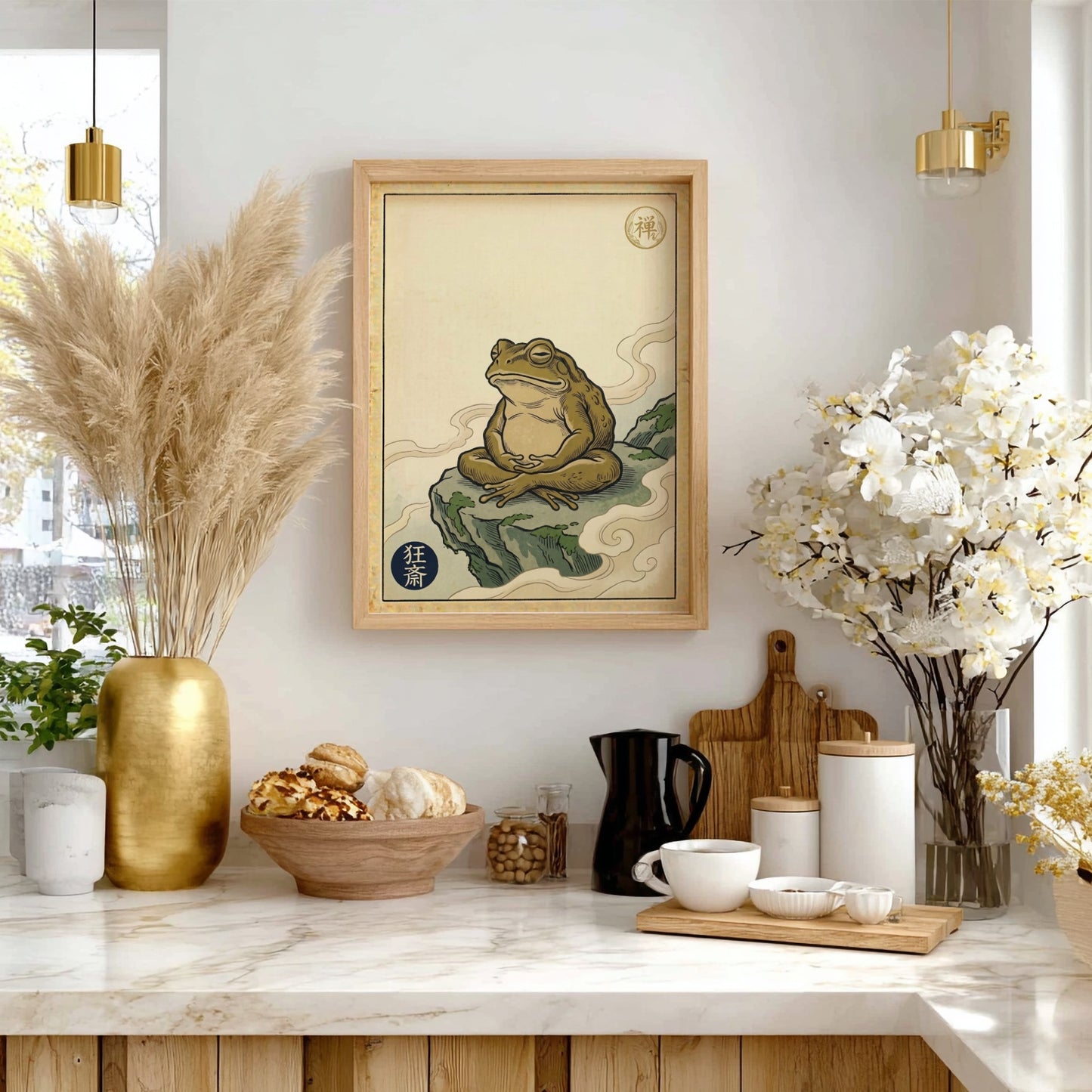 Zen Toad Meditation Poster featuring earthy tones and Japanese art style elements