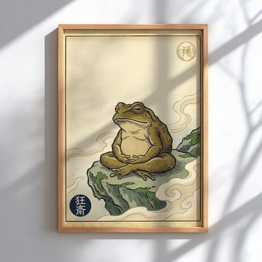 Zen Toad Meditation Poster featuring earthy tones and Japanese art style elements