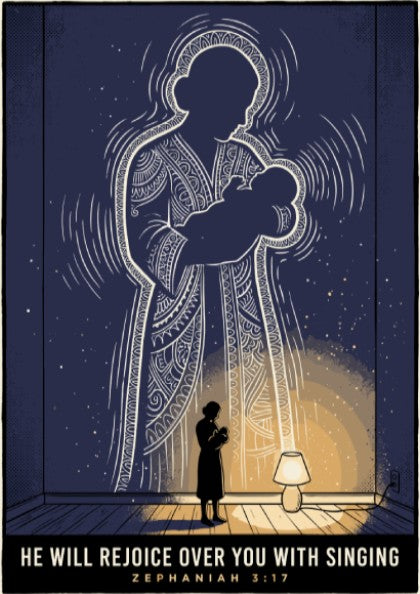Poster featuring a mother holding a baby with a glowing, intricate silhouette behind them.