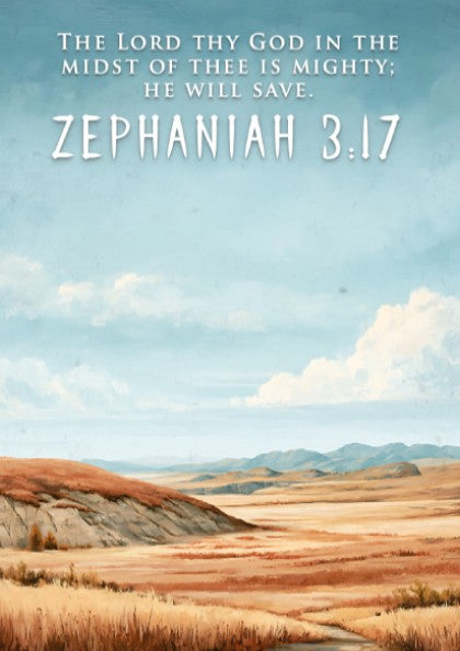 Poster featuring a golden prairie landscape under a blue sky with Zephaniah 3:17 text.