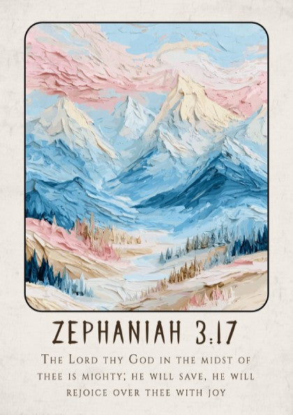 Zephaniah 3:17 poster featuring soft pastel mountains and scriptural verse, perfect for religious decor.
