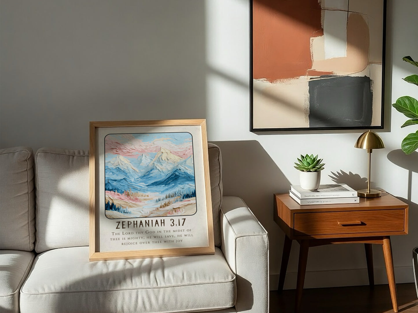 Zephaniah 3:17 poster featuring soft pastel mountains and scriptural verse, perfect for religious decor.