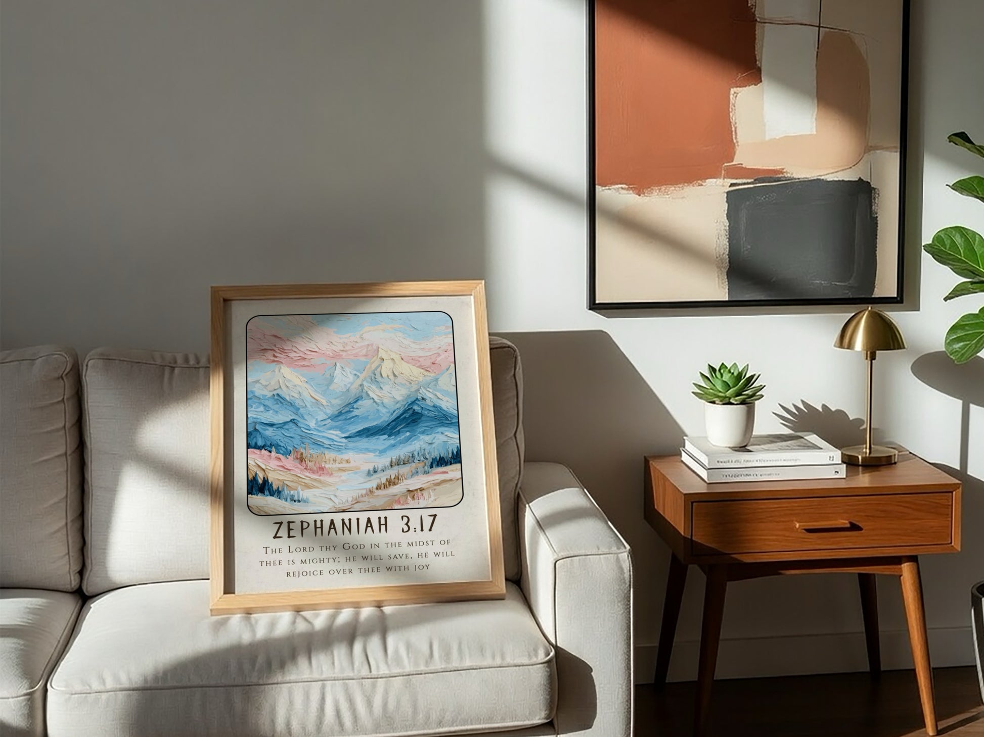 Zephaniah 3:17 poster featuring soft pastel mountains and scriptural verse, perfect for religious decor.