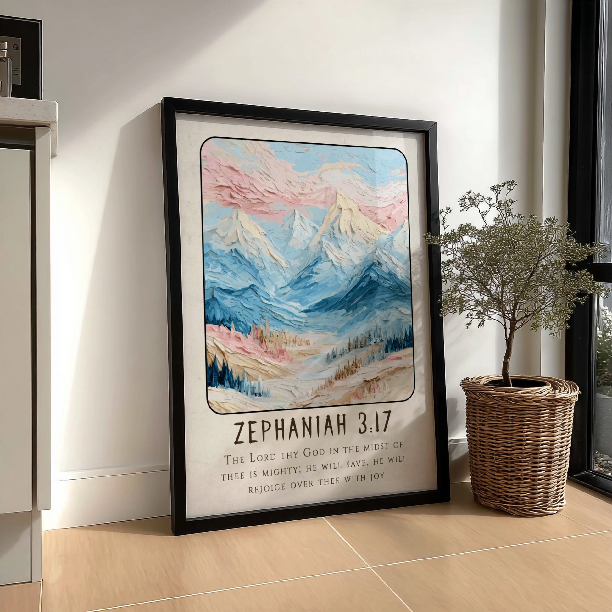 Zephaniah 3:17 poster featuring soft pastel mountains and scriptural verse, perfect for religious decor.