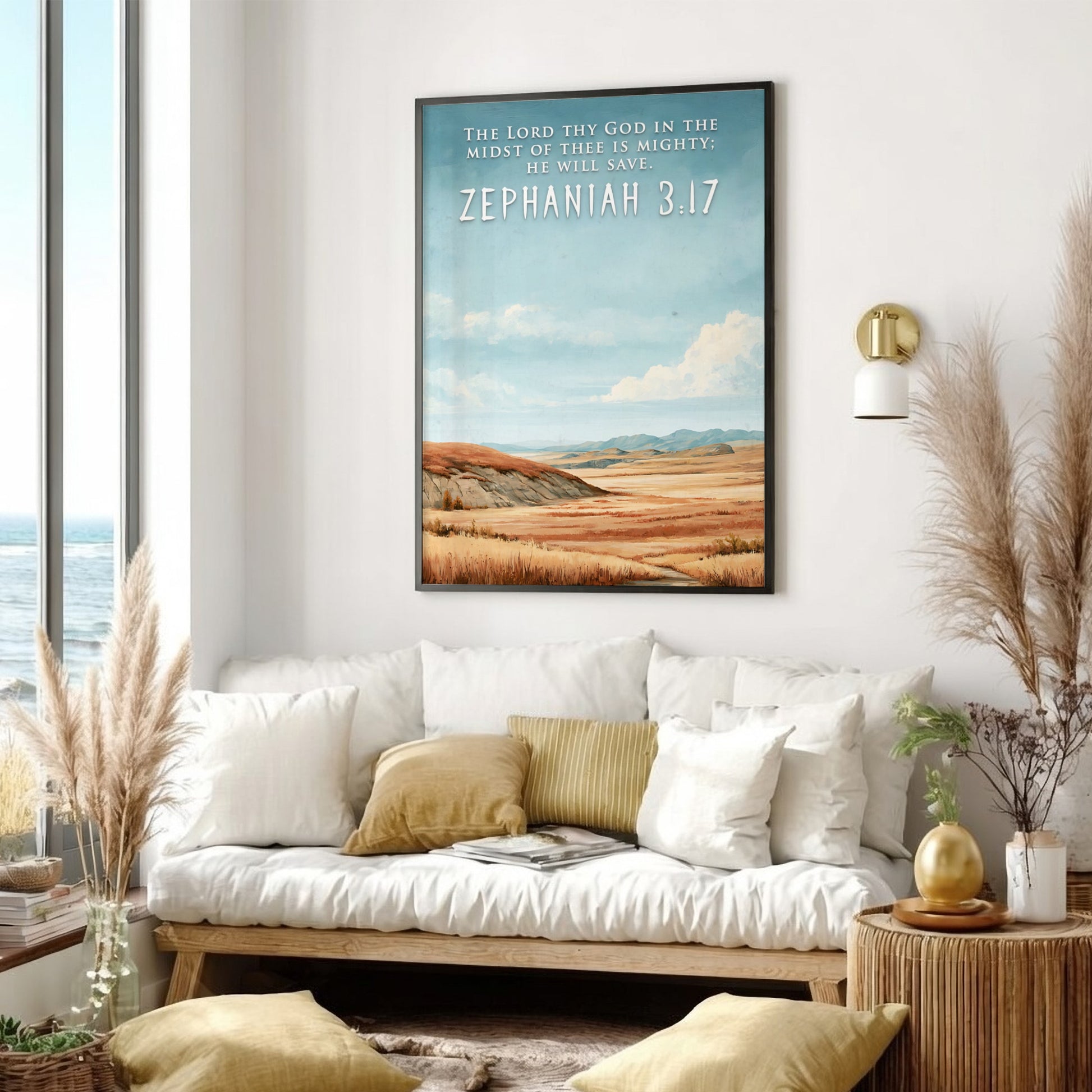 Poster featuring a golden prairie landscape under a blue sky with Zephaniah 3:17 text.
