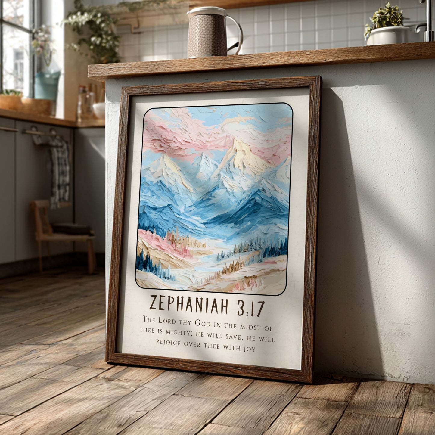 Zephaniah 3:17 poster featuring soft pastel mountains and scriptural verse, perfect for religious decor.