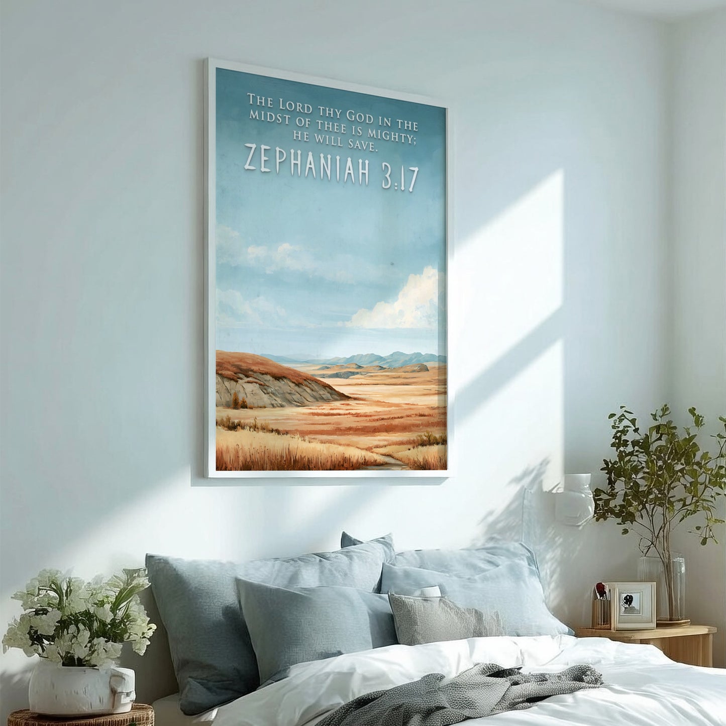 Poster featuring a golden prairie landscape under a blue sky with Zephaniah 3:17 text.